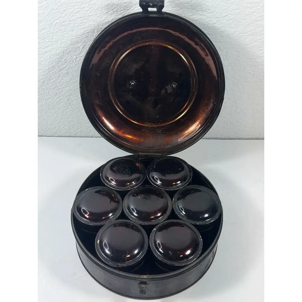 Early Tin Tole Painted Spice Box Kitchen Canister Set Tote